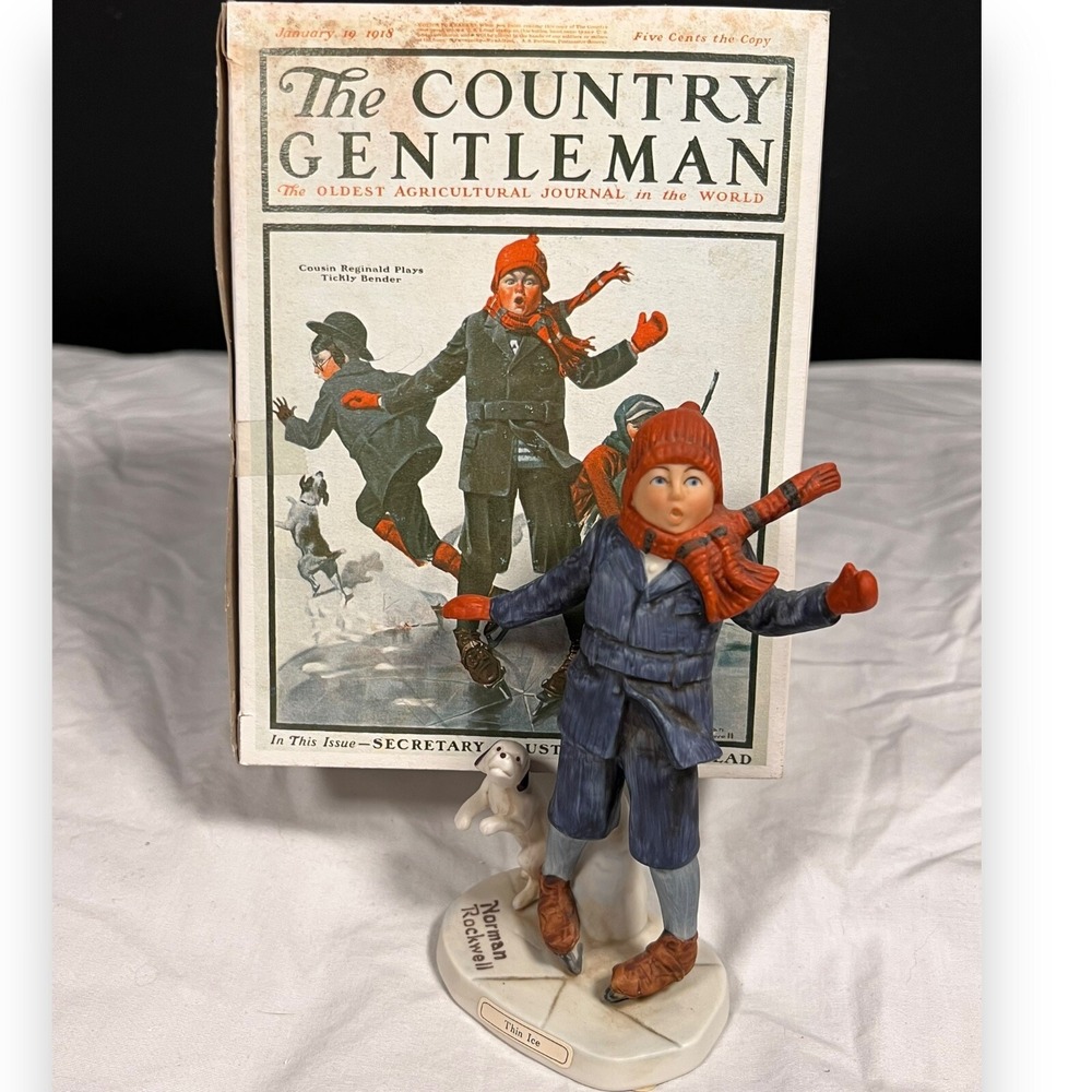 Norman Rockwell Figurine "On Thin Ice" Dog CG-6 [Country Gentleman] w/‎ Box Gift